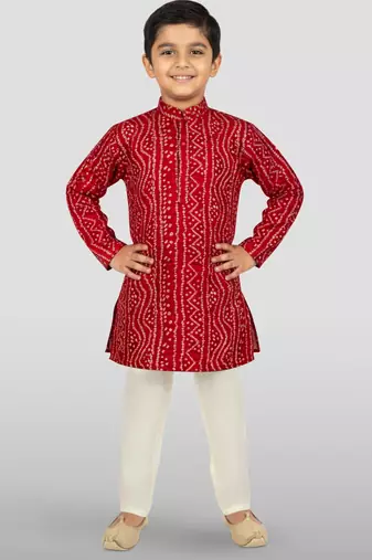 maroon rayon bandhani kurta pyjama set 