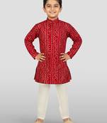 maroon rayon bandhani kurta pyjama set 