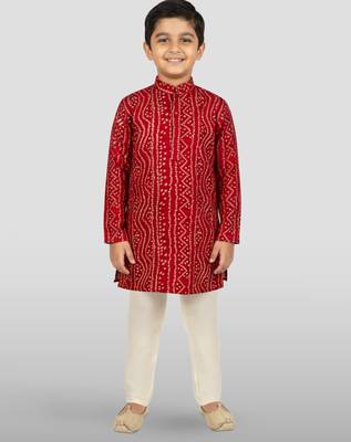 maroon rayon bandhani kurta pyjama set  3