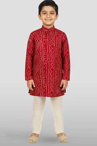 maroon rayon bandhani kurta pyjama set 