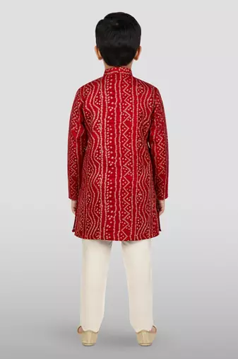maroon rayon bandhani kurta pyjama set 
