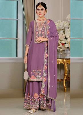 Onion pink chinon silk embroidered designer palzzo suit 1
