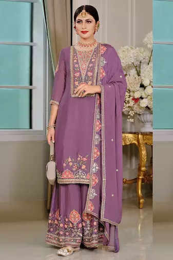 Onion pink chinon silk embroidered designer palzzo suit