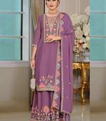 Onion pink chinon silk embroidered designer palzzo suit