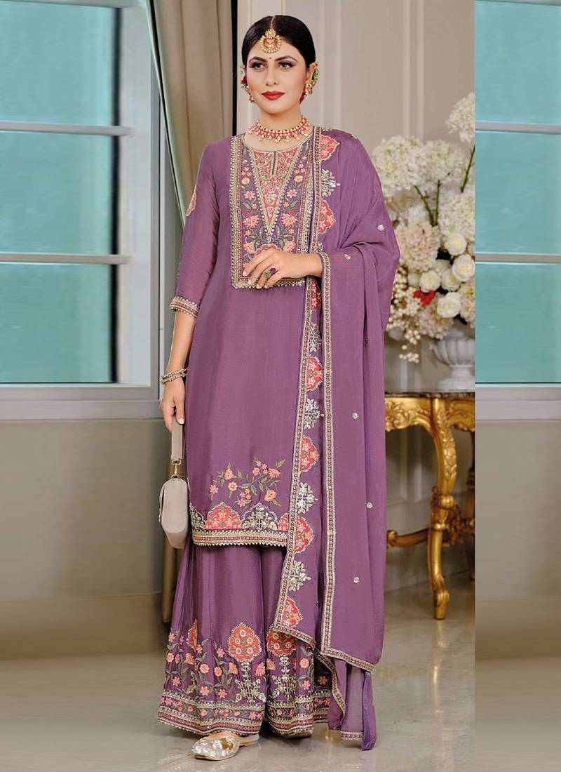 Onion pink chinon silk embroidered designer palzzo suit