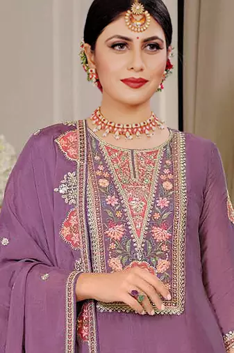 Onion pink chinon silk embroidered designer palzzo suit
