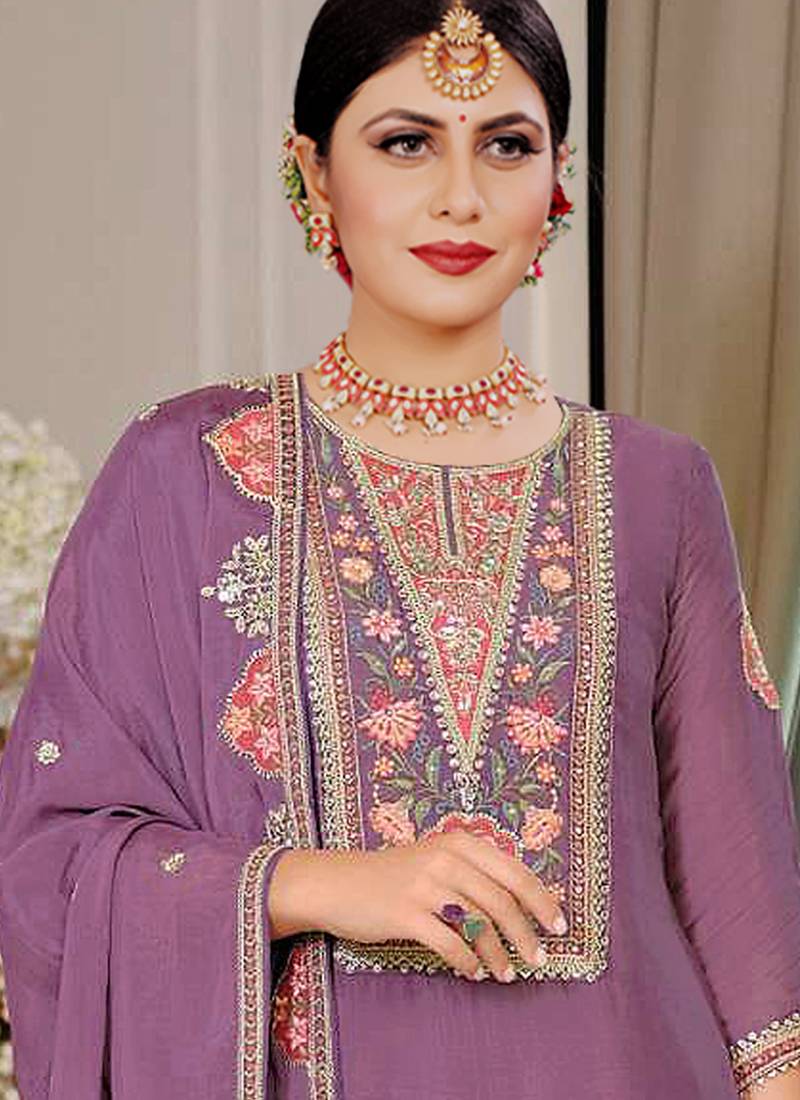 Onion pink chinon silk embroidered designer palzzo suit
