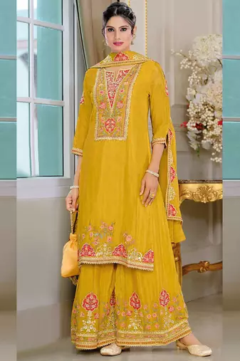 Yellow chinon silk embroidered designer palzzo suit