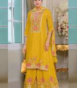Yellow chinon silk embroidered designer palzzo suit