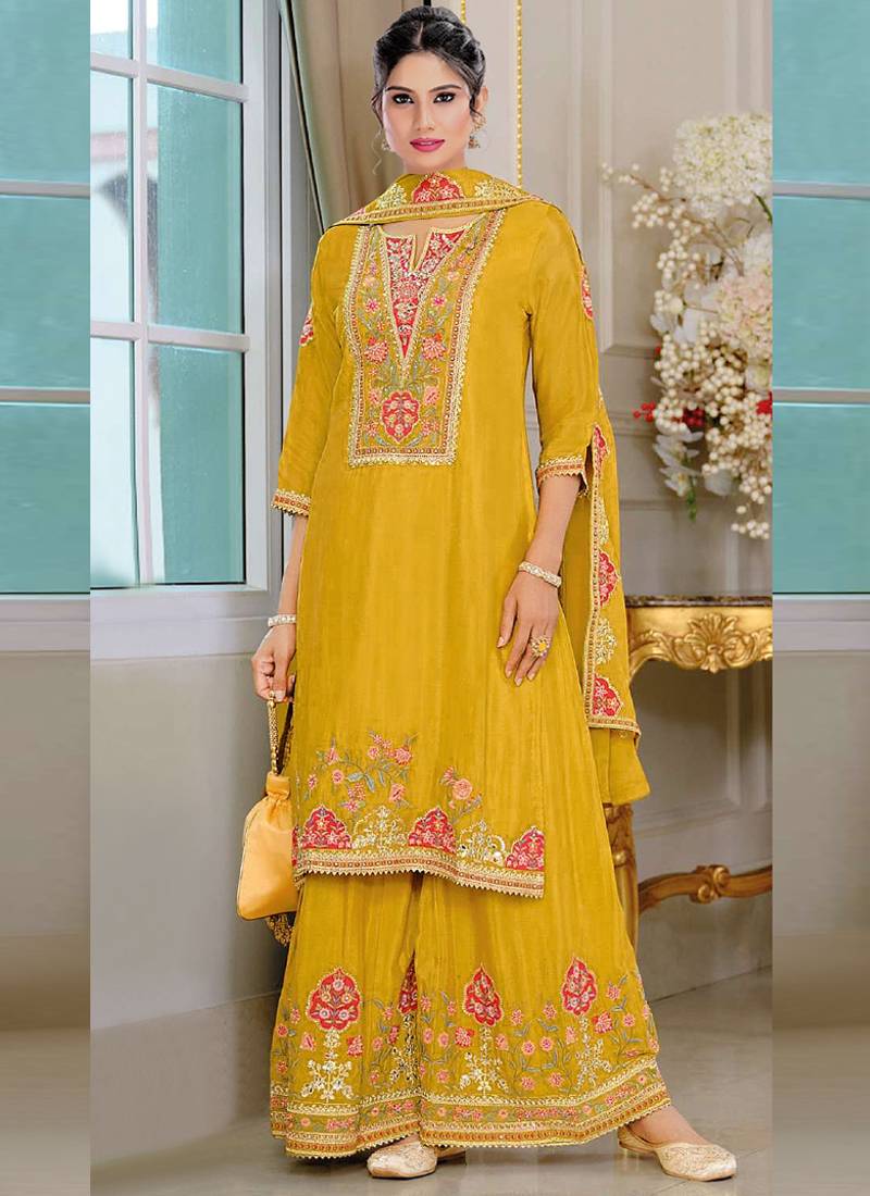 Yellow chinon silk embroidered designer palzzo suit