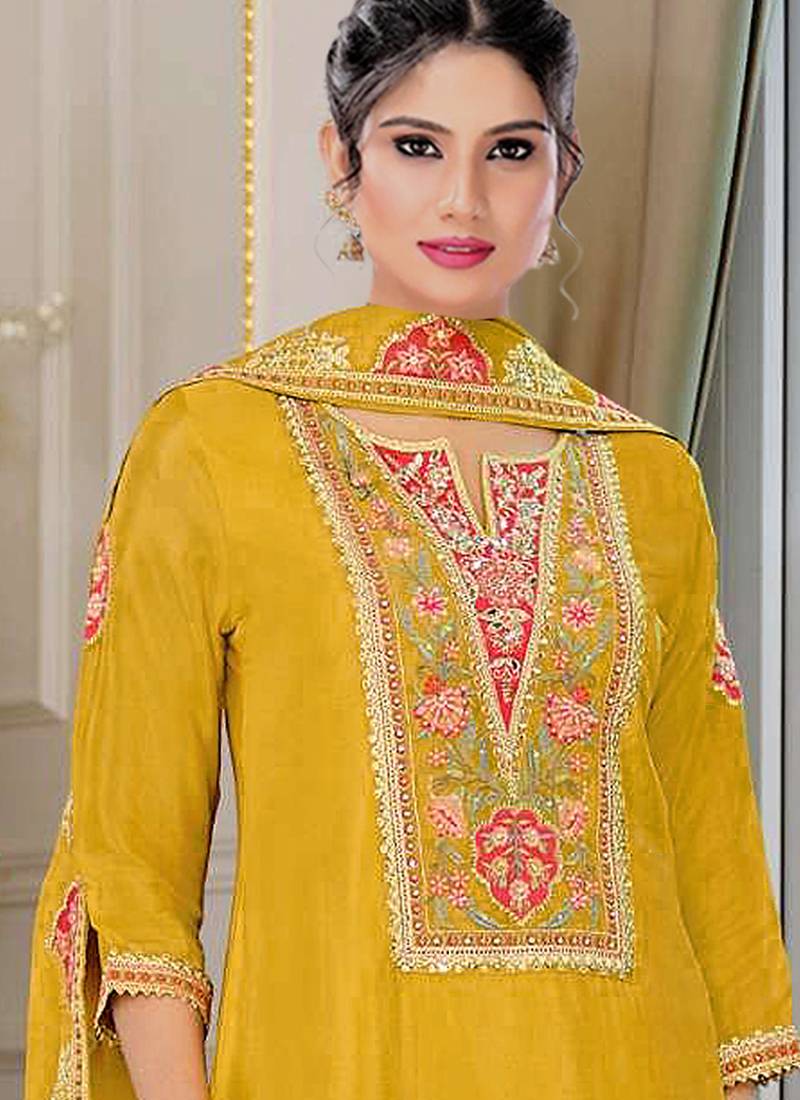Yellow chinon silk embroidered designer palzzo suit