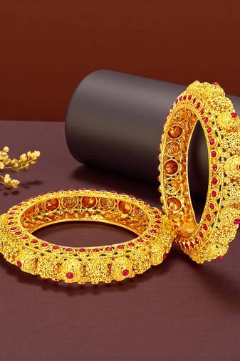Set of 2 gold plated red stone handmade bangles