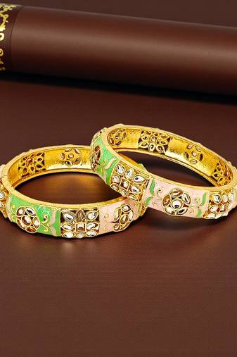 Gold plated set of 2 kundan enamel kada bangles