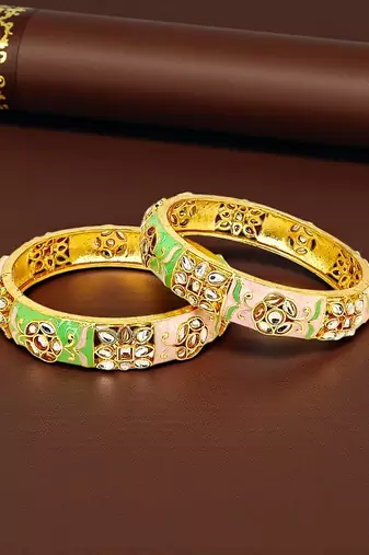 Gold plated set of 2 kundan enamel kada bangles