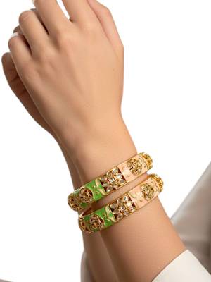 Gold plated set of 2 kundan enamel kada bangles 5