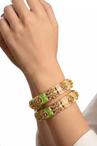 Gold plated set of 2 kundan enamel kada bangles