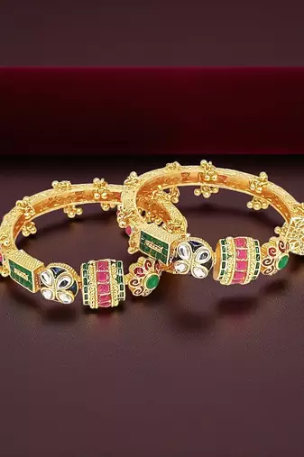 Set of 2 gold plated kundan meenakari bangles
