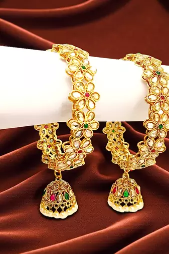 Gold plated set of 2 polki cz jhumka bangles