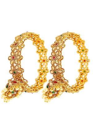 Gold plated set of 2 polki cz jhumka bangles 3