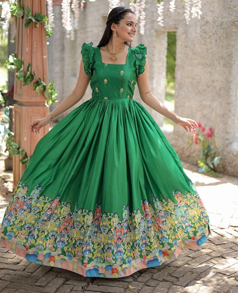 Dola Silk Printed & Embroidered Readymade Gown     Green | 56" Length | Lightweight Festive & Cultural Wear