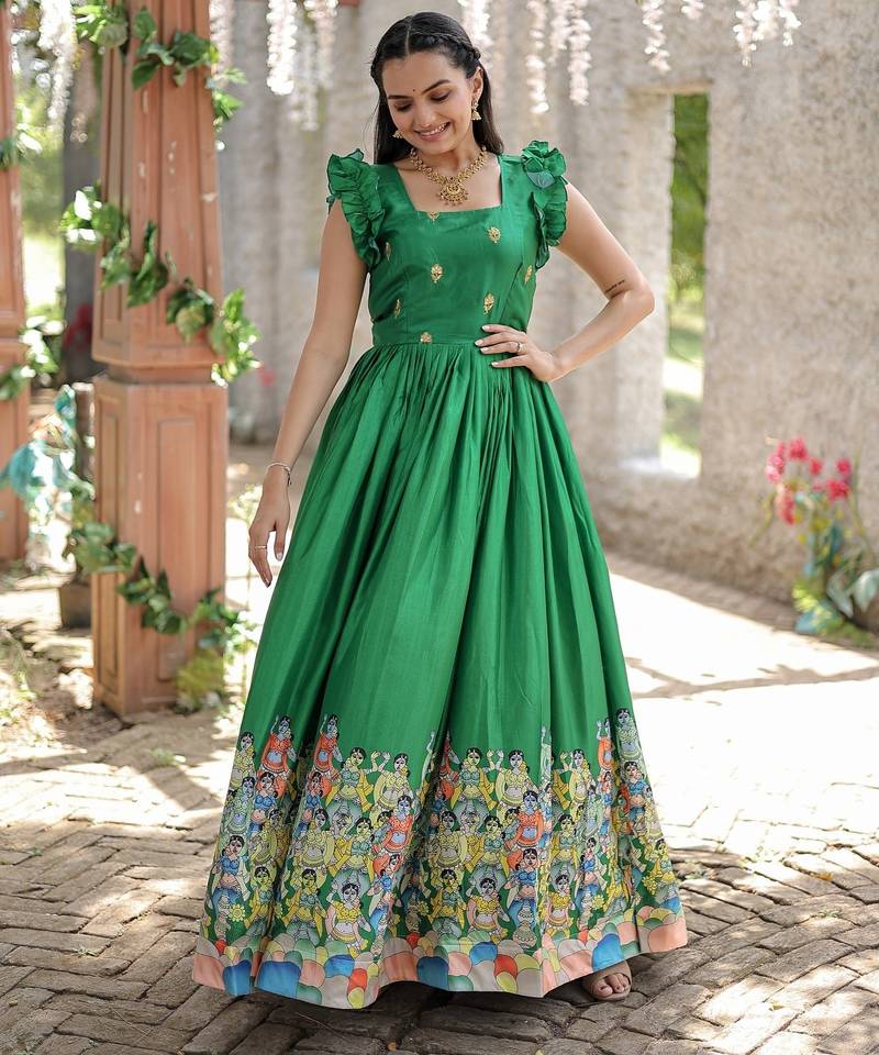 Dola Silk Printed & Embroidered Readymade Gown     Green | 56" Length | Lightweight Festive & Cultural Wear