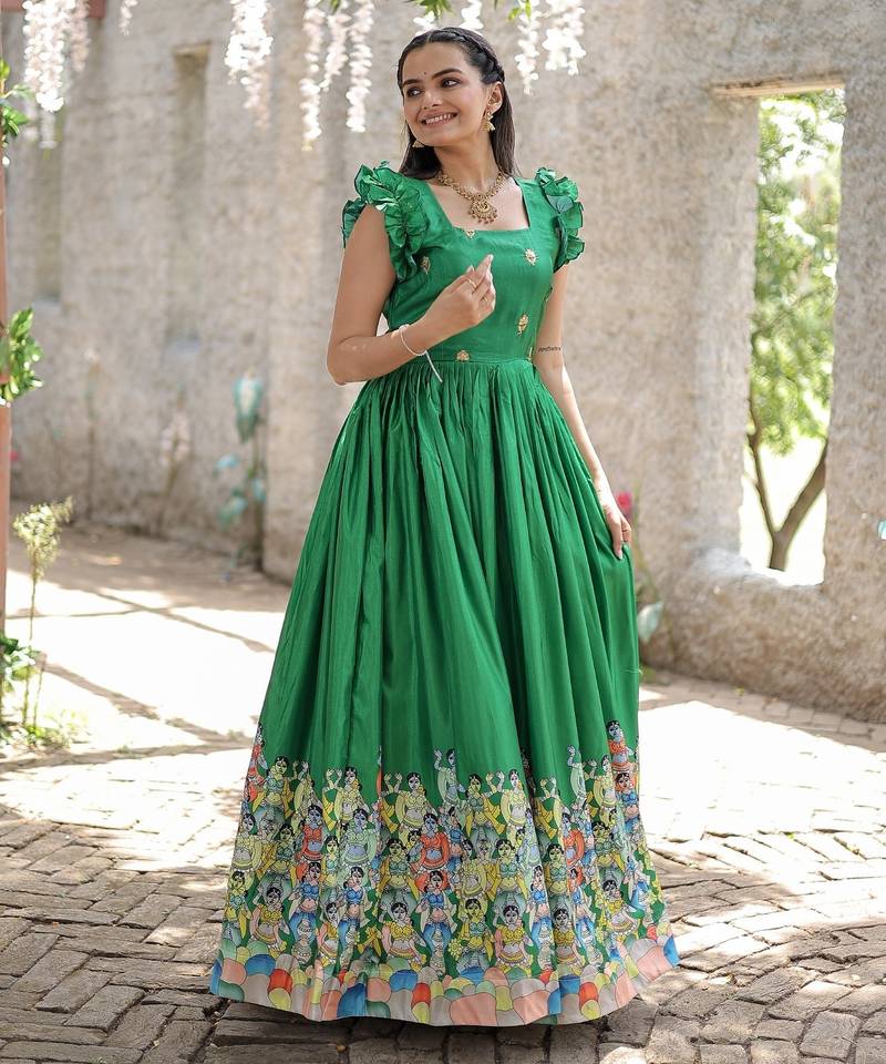 Dola Silk Printed & Embroidered Readymade Gown     Green | 56" Length | Lightweight Festive & Cultural Wear