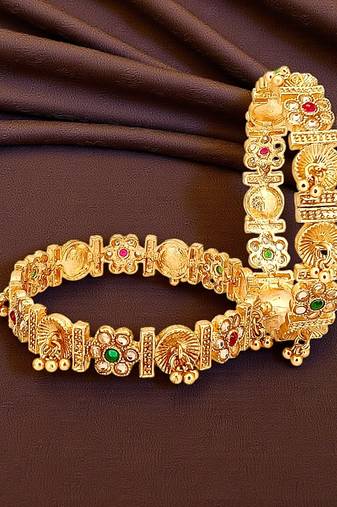 Gold plated multi stone set of 2 ghungroo bangles