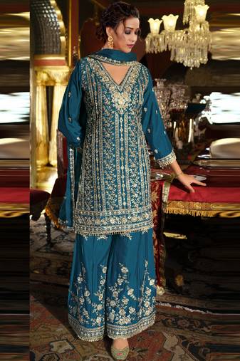 Blue chinon silk embroidered designer palzzo suit