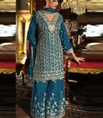 Blue chinon silk embroidered designer palzzo suit