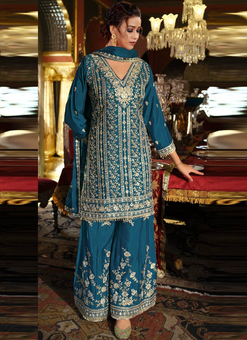 Blue chinon silk embroidered designer palzzo suit