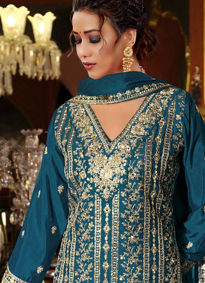Blue chinon silk embroidered designer palzzo suit