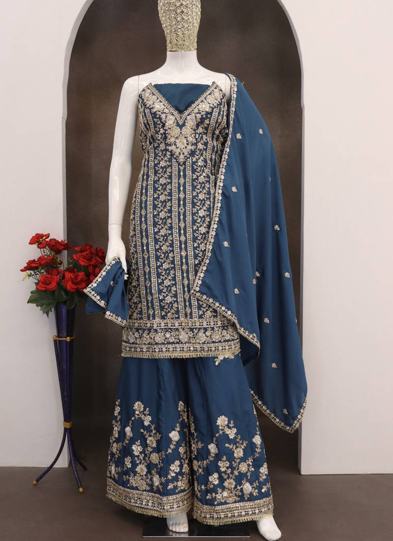 Blue chinon silk embroidered designer palzzo suit