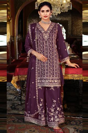 Purple chinon silk embroidered designer palzzo suit