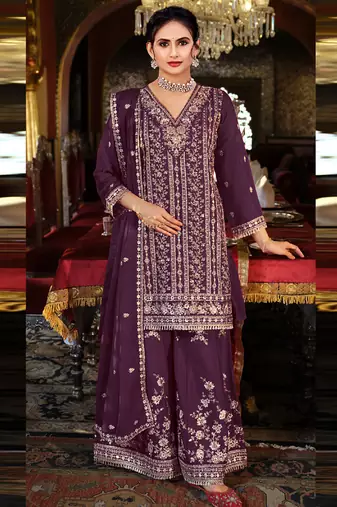 Purple chinon silk embroidered designer palzzo suit