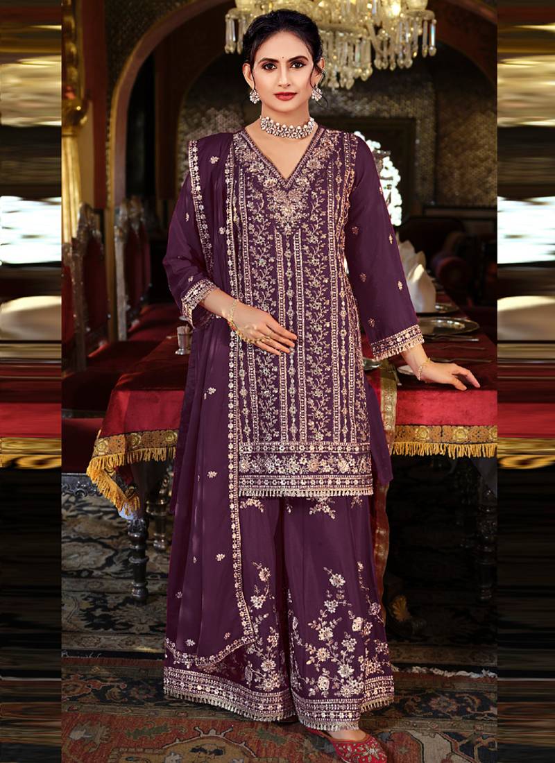 Purple chinon silk embroidered designer palzzo suit