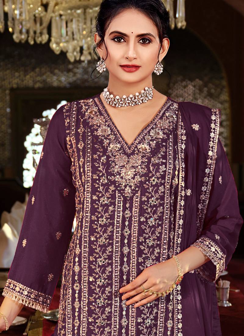 Purple chinon silk embroidered designer palzzo suit