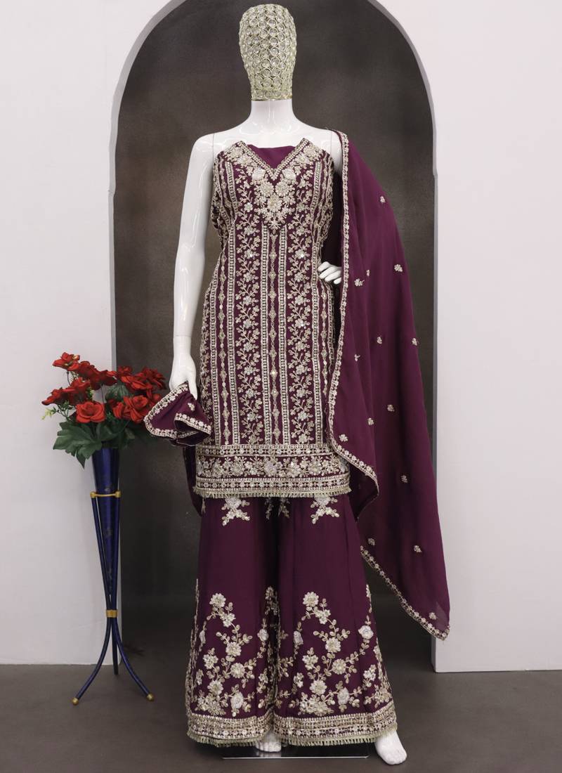 Purple chinon silk embroidered designer palzzo suit