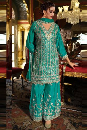 Turquoise chinon silk embroidered designer palzzo suit