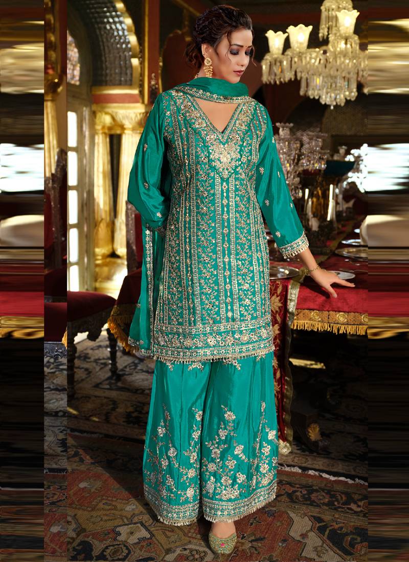 Turquoise chinon silk embroidered designer palzzo suit