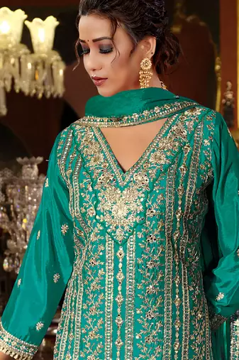 Turquoise chinon silk embroidered designer palzzo suit