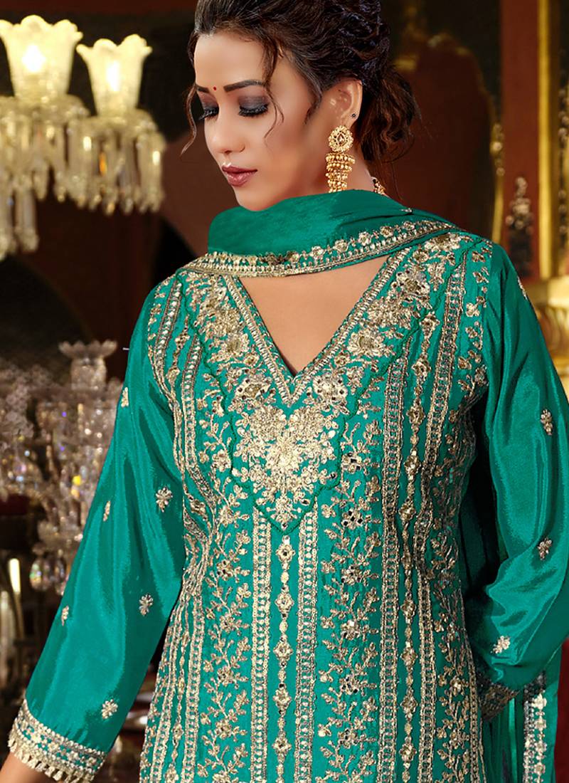 Turquoise chinon silk embroidered designer palzzo suit