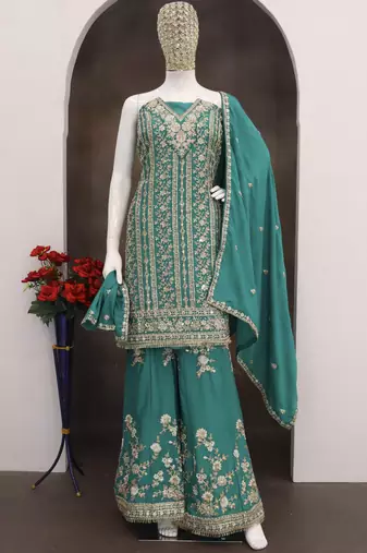 Turquoise chinon silk embroidered designer palzzo suit