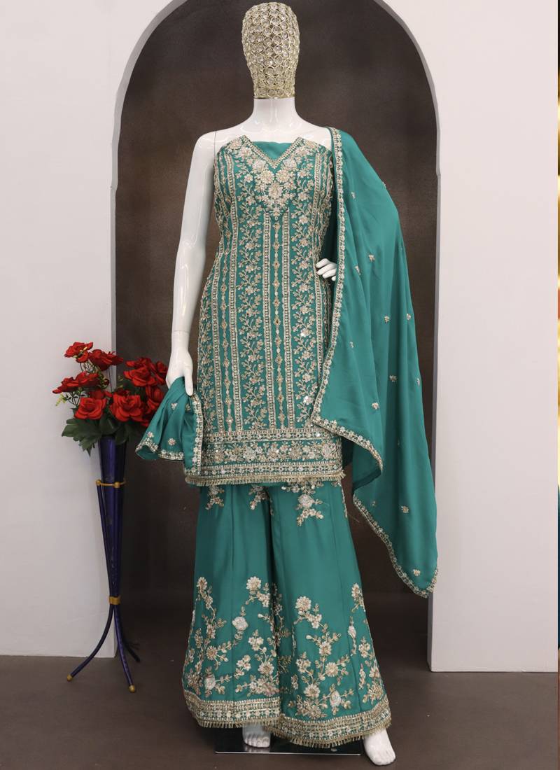 Turquoise chinon silk embroidered designer palzzo suit