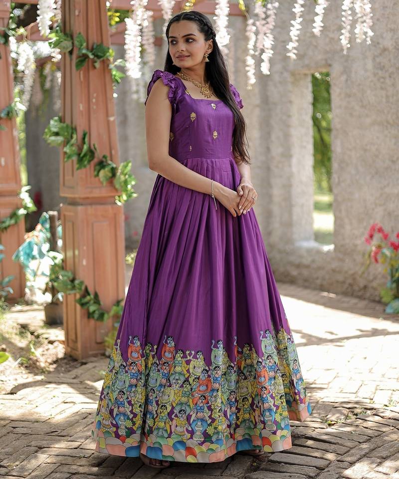 Dola Silk Printed & Embroidered Readymade Gown     Wine | 56" Length | Soft Festive & Traditional Wear
