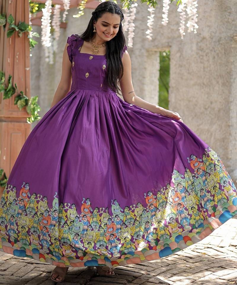 Dola Silk Printed & Embroidered Readymade Gown     Wine | 56" Length | Soft Festive & Traditional Wear