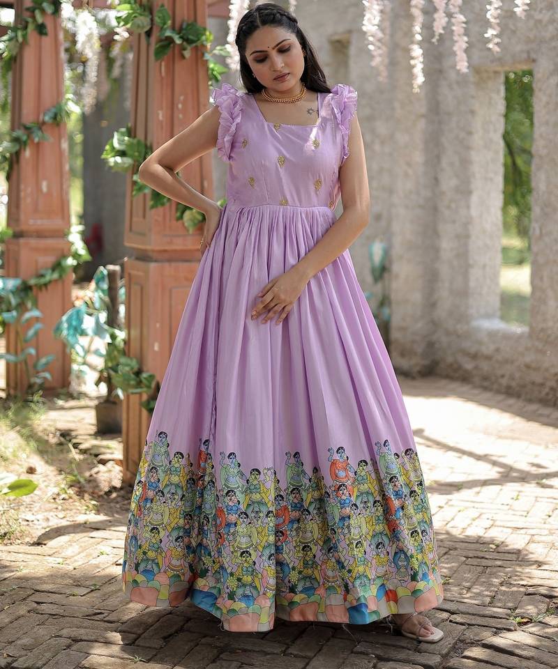 Dola Silk Printed & Embroidered Readymade Gown     Lavender | 56" Length | Light Festive & Ethnic Wear