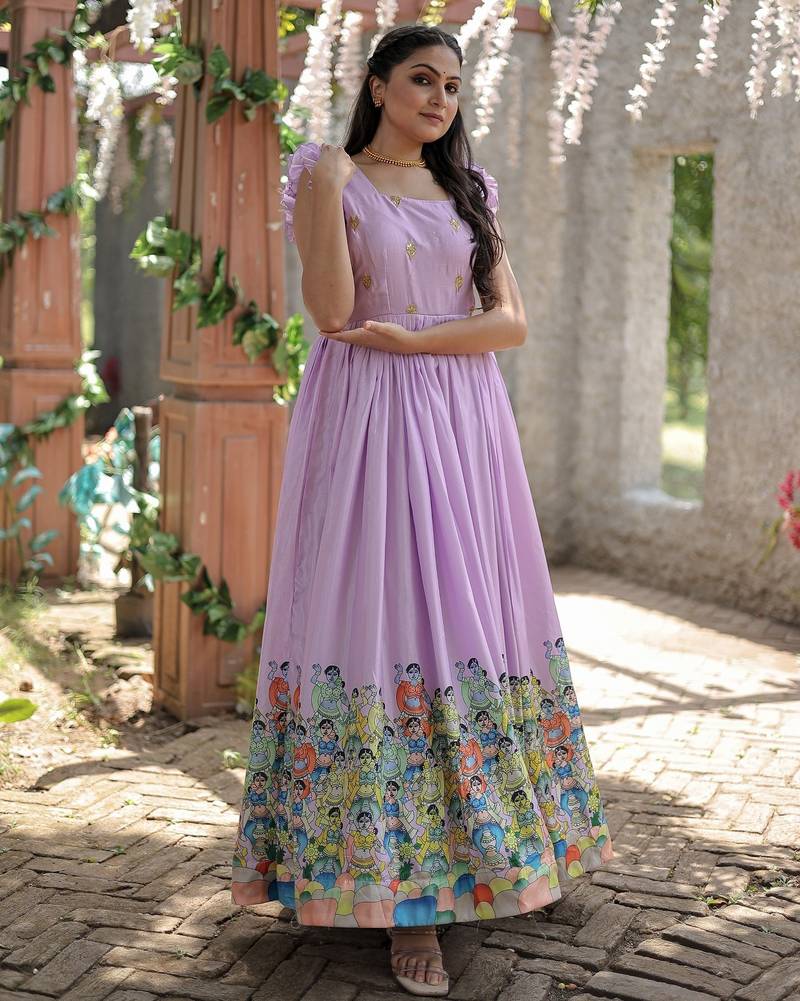 Dola Silk Printed & Embroidered Readymade Gown     Lavender | 56" Length | Light Festive & Ethnic Wear