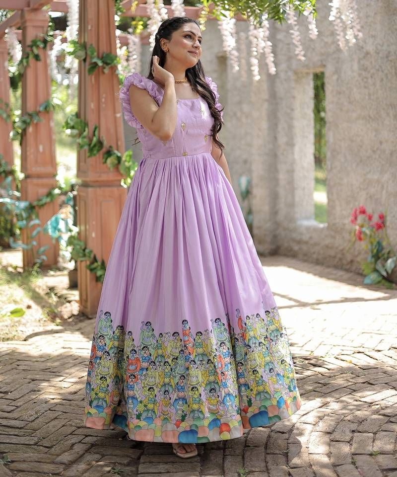 Dola Silk Printed & Embroidered Readymade Gown     Lavender | 56" Length | Light Festive & Ethnic Wear