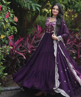 Faux Blooming Sequins Embroidered Semi-Stitched Gown with Dupatta Festive Wear 1