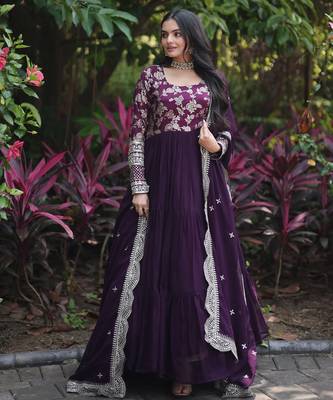 Faux Blooming Sequins Embroidered Semi-Stitched Gown with Dupatta Festive Wear 2
